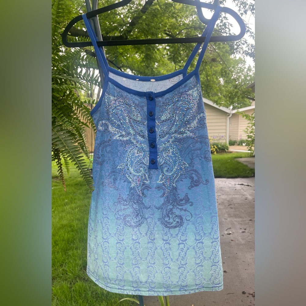 Cute Miss Me Rhinestone Blue Tank Top with Buttons Size M